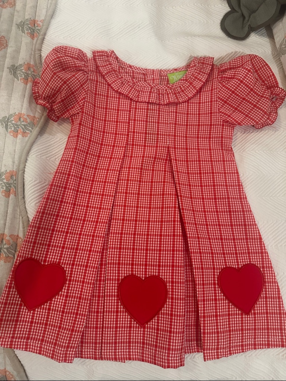 Red Plaid Girls Dress with Heart Appliqués